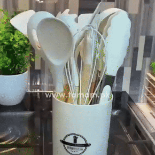 12 Pcs- Wooden Silicone Cooking Kitchen Utensils with Holding Bucket