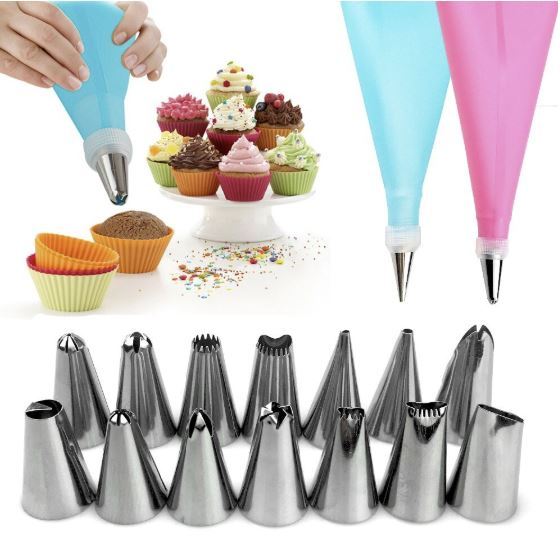 15-Piece Cake Decorating Kit – Icing Piping Bag + 12 Steel Nozzles