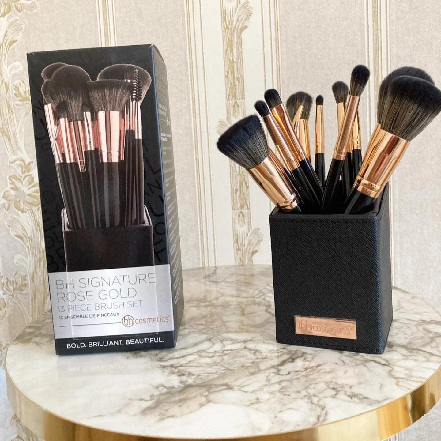 BH Signature – Luxe Rose Gold 13-Piece Makeup Brush Kit with Black Faux Leather Holder