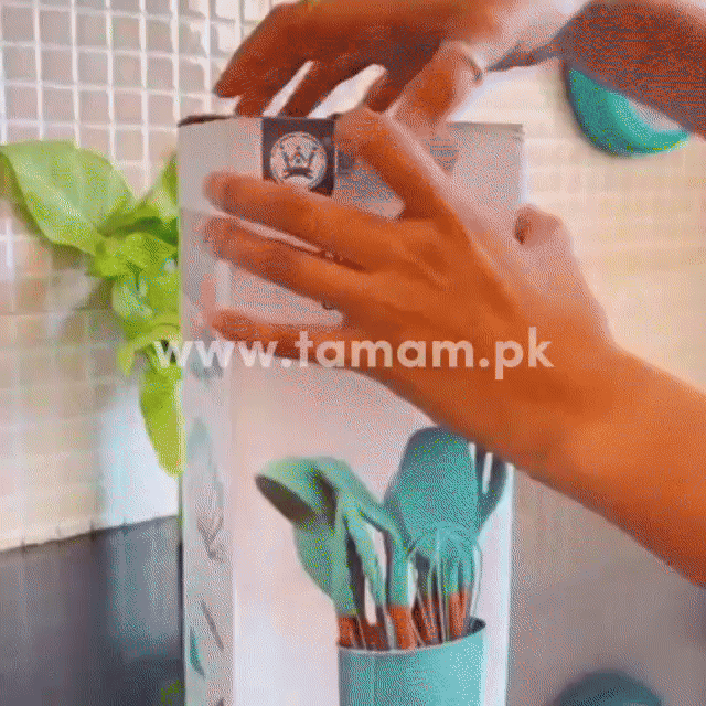12 Pcs- Wooden Silicone Cooking Kitchen Utensils with Holding Bucket
