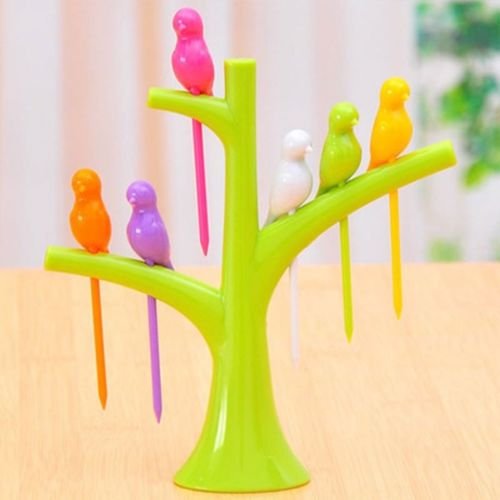 Birdie Fruit Fork Set – 6-Pcs Reusable Snack Picks with Tree Stand