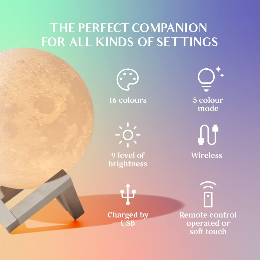 Moon Lamp with Wooden Base – 16 Colors of Magic for Your Space