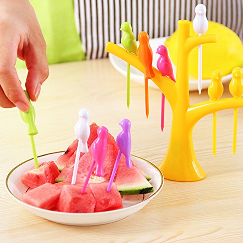 Birdie Fruit Fork Set – 6-Pcs Reusable Snack Picks with Tree Stand