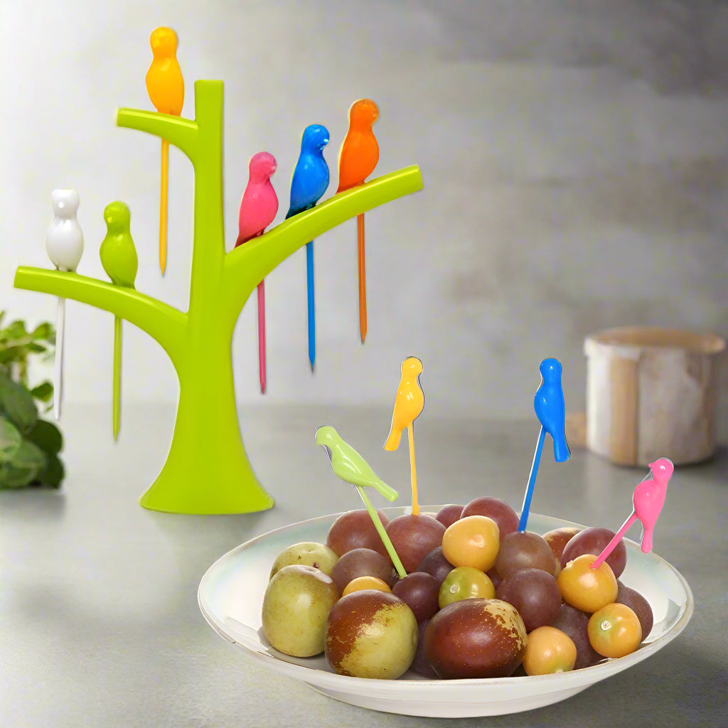 Birdie Fruit Fork Set – 6-Pcs Reusable Snack Picks with Tree Stand
