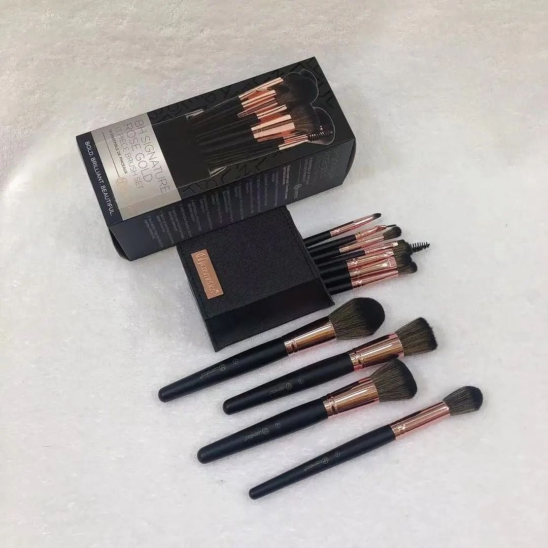 BH Signature – Luxe Rose Gold 13-Piece Makeup Brush Kit with Black Faux Leather Holder