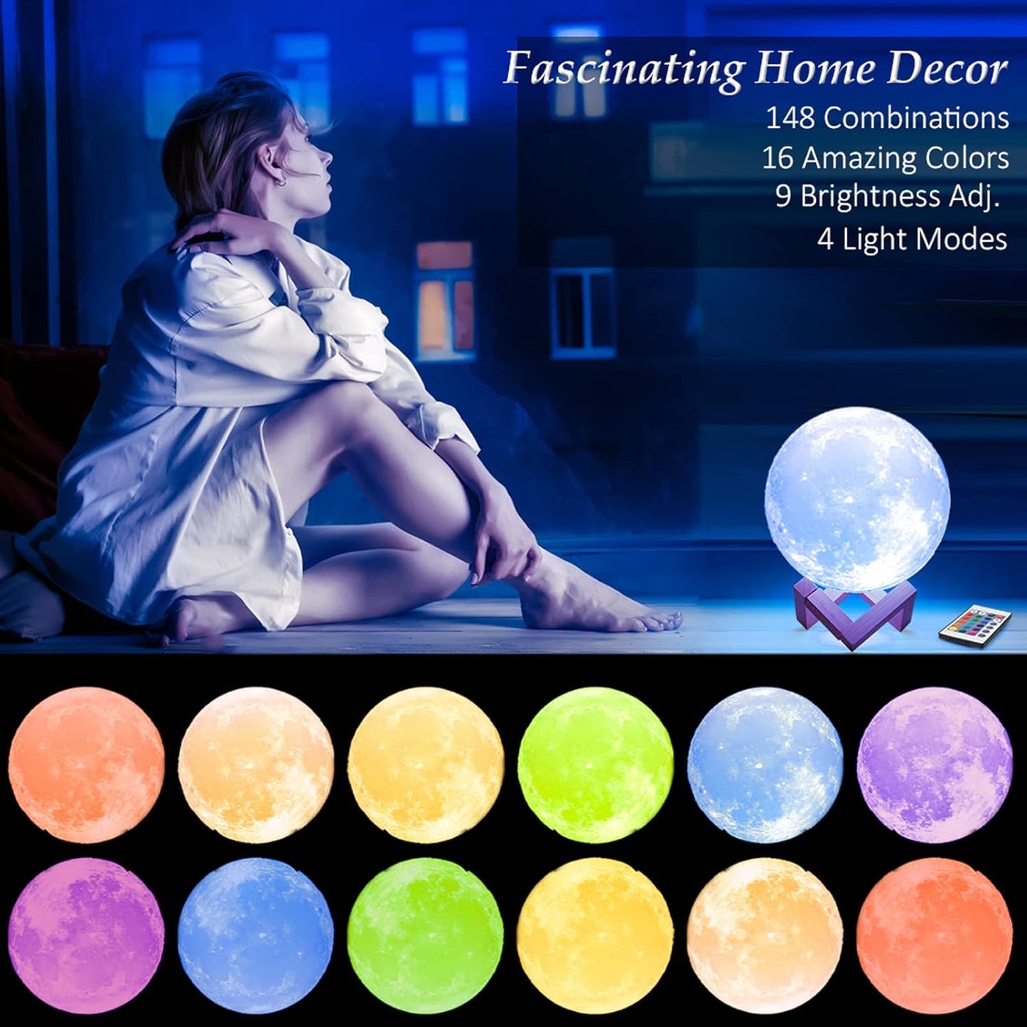 Moon Lamp with Wooden Base – 16 Colors of Magic for Your Space