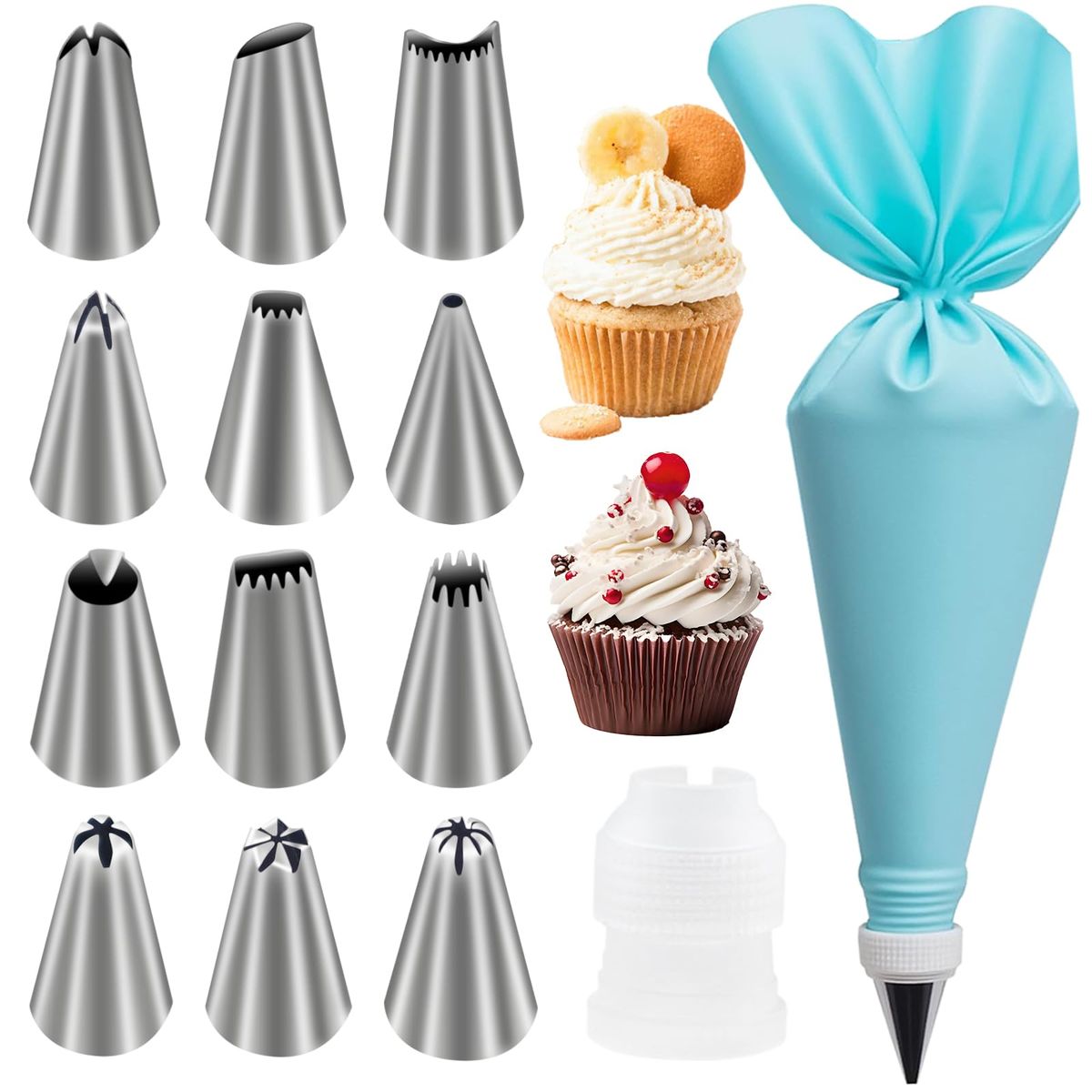 15-Piece Cake Decorating Kit – Icing Piping Bag + 12 Steel Nozzles