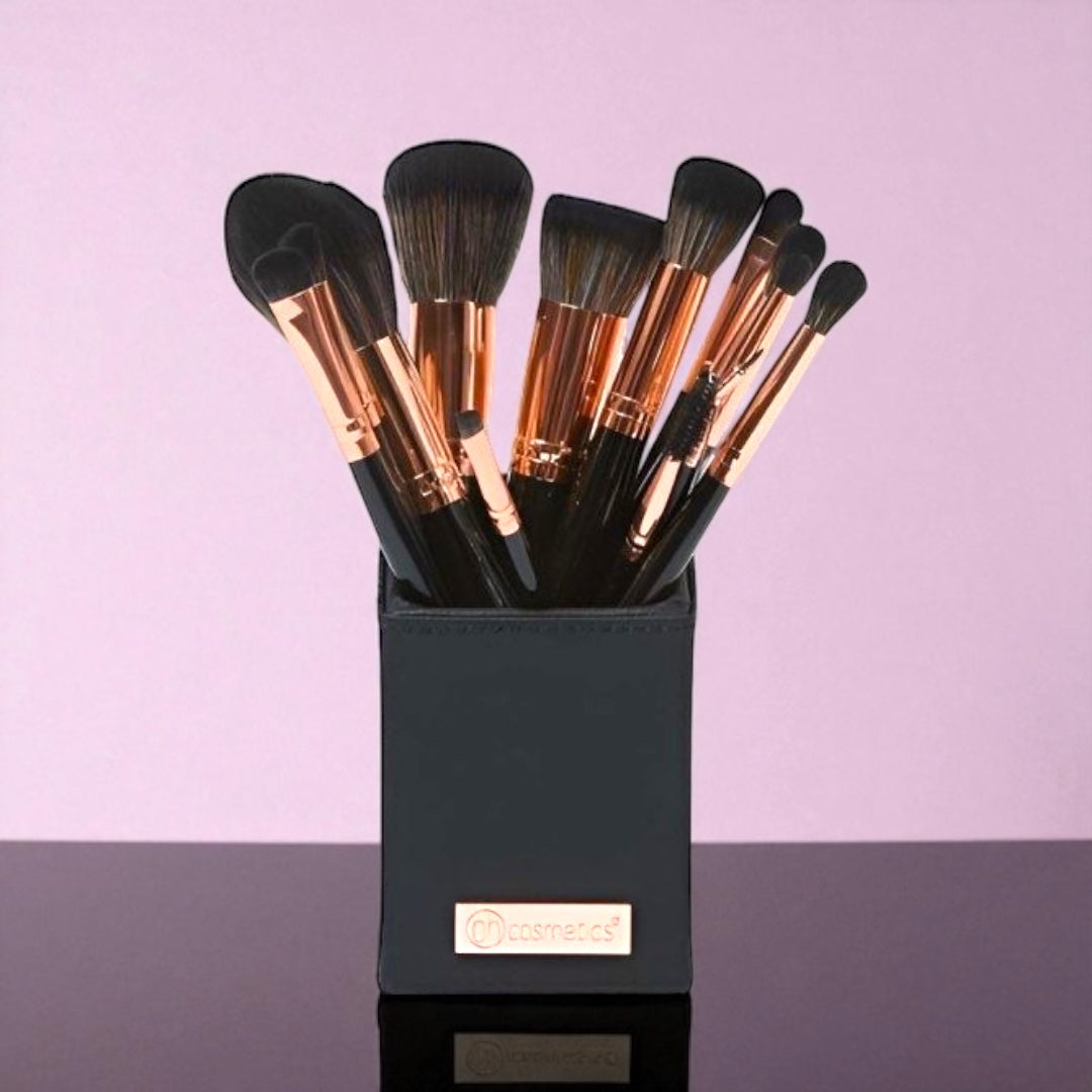 BH Signature – Luxe Rose Gold 13-Piece Makeup Brush Kit with Black Faux Leather Holder