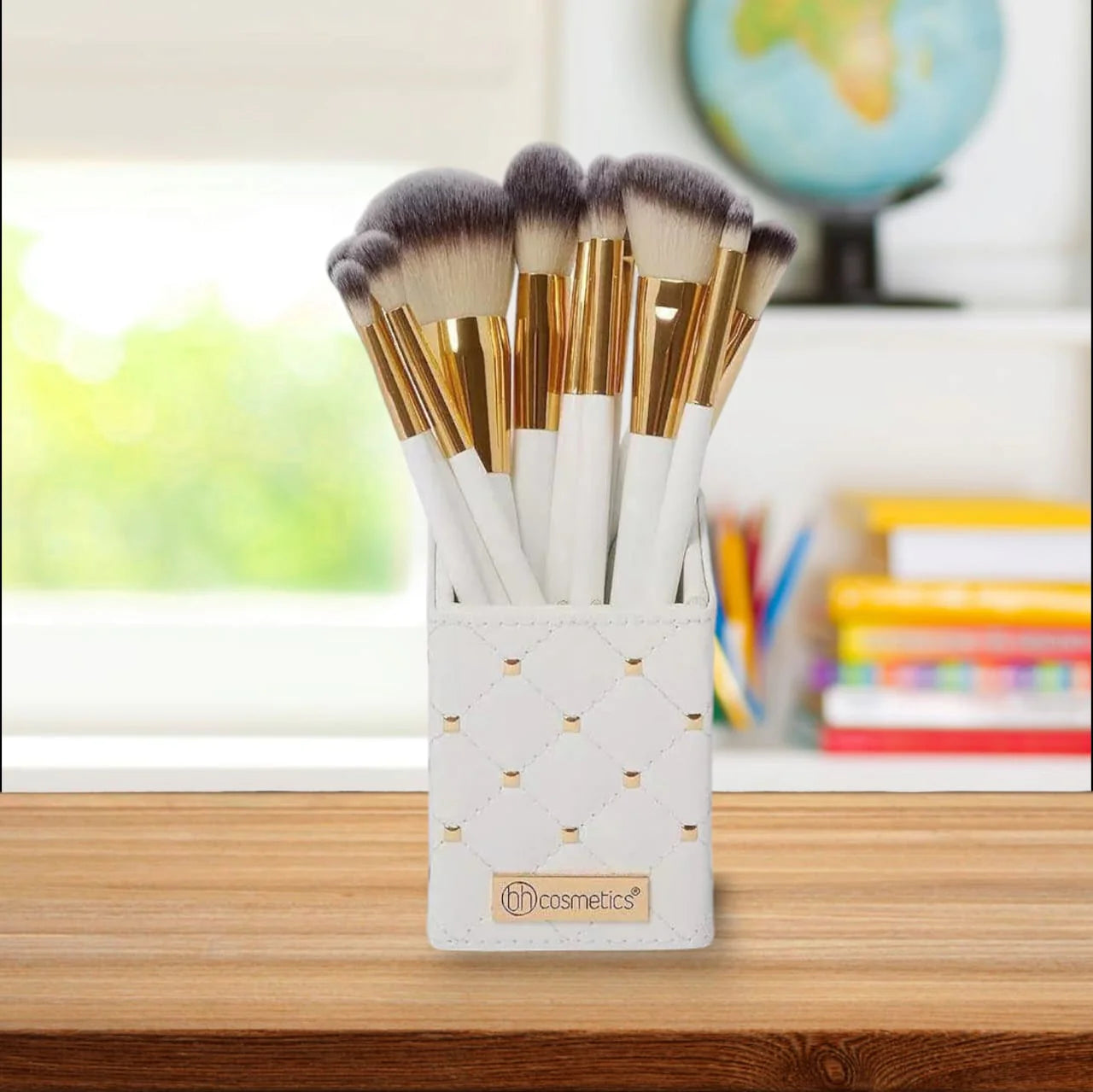 Goddess Glow – White & Gold 12-Piece Brush Kit with Studded Faux Leather Holder