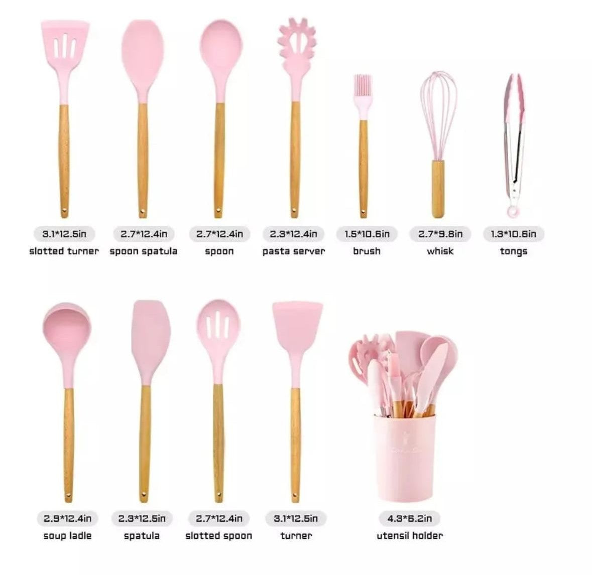 Set of pink and gold kitchen utensils with measurements on a white background