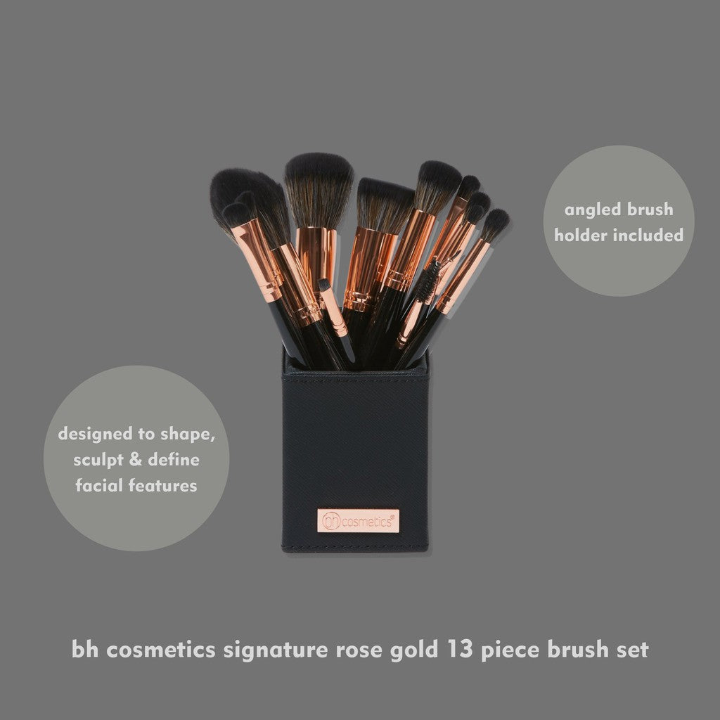 BH Signature – Luxe Rose Gold 13-Piece Makeup Brush Kit with Black Faux Leather Holder