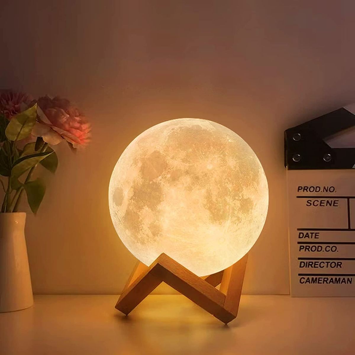 Moon Lamp with Wooden Base – 16 Colors of Magic for Your Space