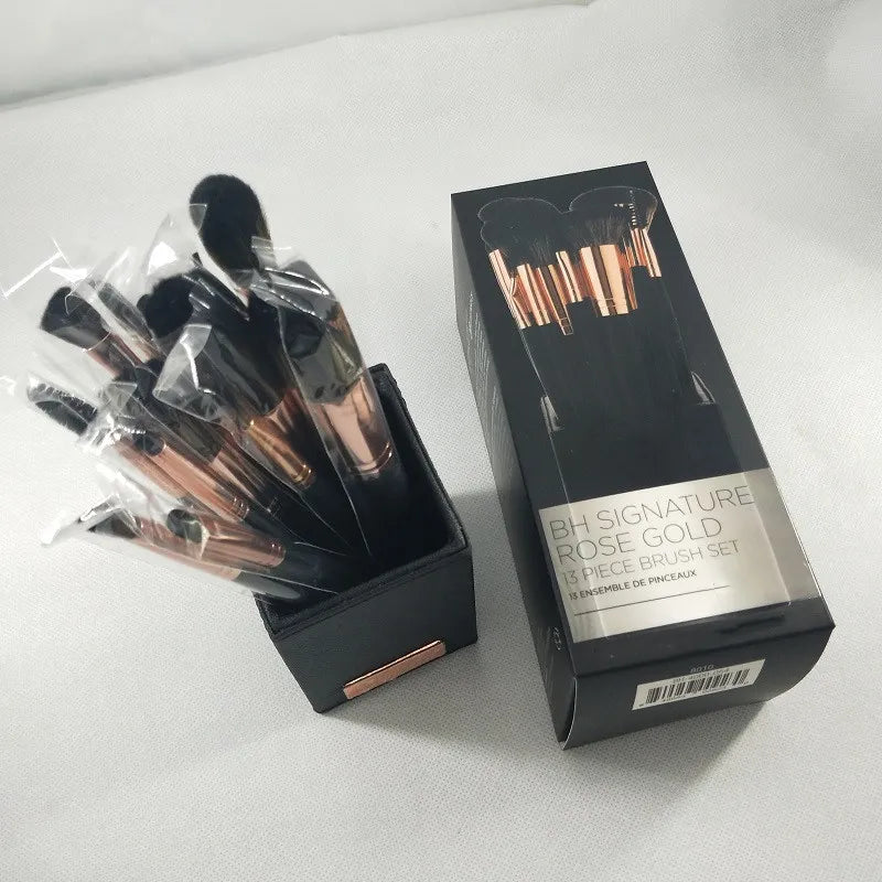 BH Signature – Luxe Rose Gold 13-Piece Makeup Brush Kit with Black Faux Leather Holder
