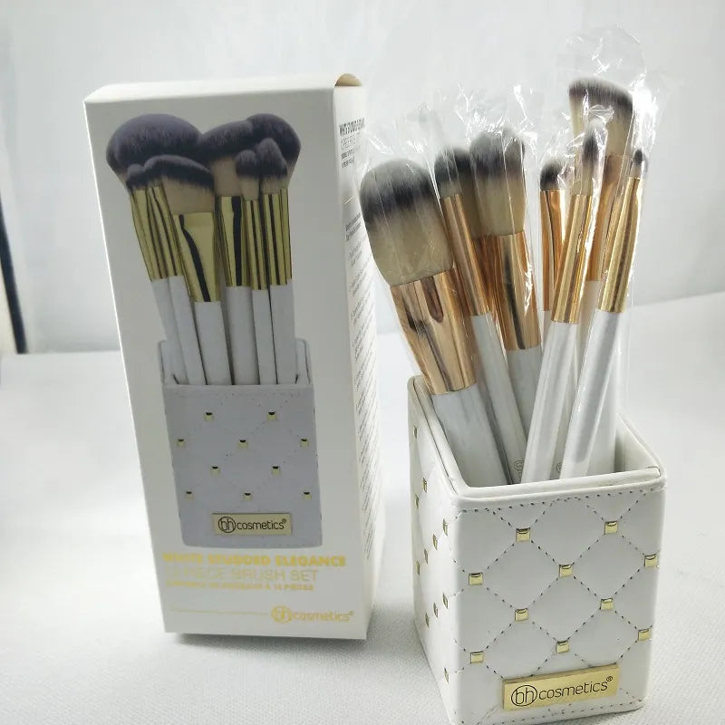 Goddess Glow – White & Gold 12-Piece Brush Kit with Studded Faux Leather Holder