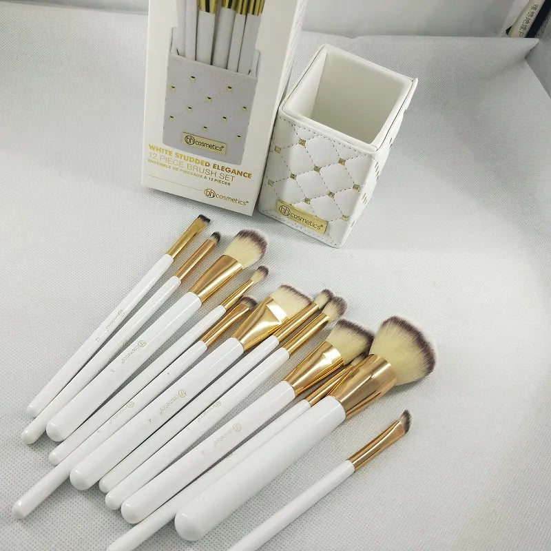 Goddess Glow – White & Gold 12-Piece Brush Kit with Studded Faux Leather Holder