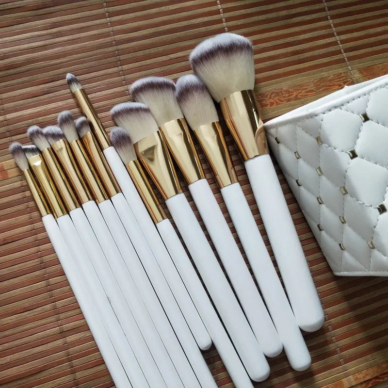 Goddess Glow – White & Gold 12-Piece Brush Kit with Studded Faux Leather Holder