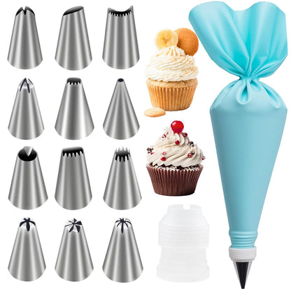 15-Piece Cake Decorating Kit – Icing Piping Bag + 12 Steel Nozzles