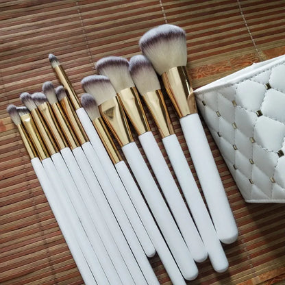 Goddess Glow – White & Gold 12-Piece Brush Kit with Studded Faux Leather Holder